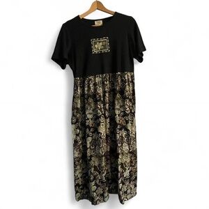 Teddi Petite Womens Medium Vintage 90s Floral Embroidered Black Green Midi Dress